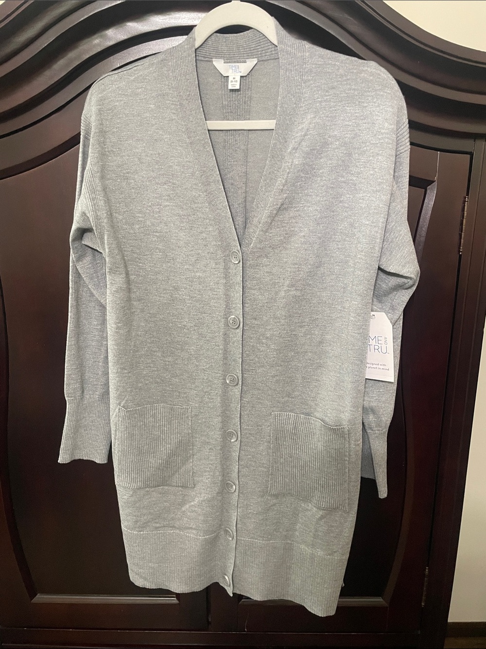 Time and Tru Gray Longline Button Cardigan
